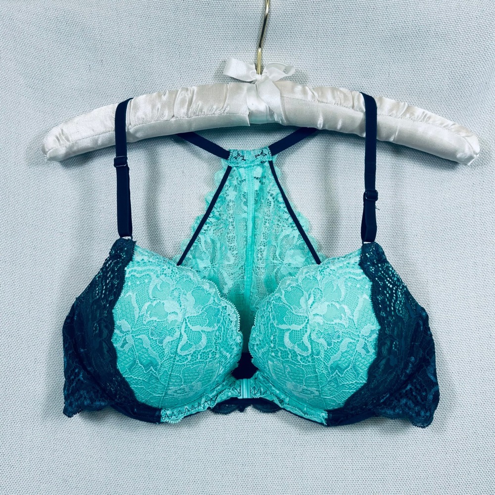 Victoria's Secret PINK Date Racerback Bra 36C Teal Blue Green Lace Front Close